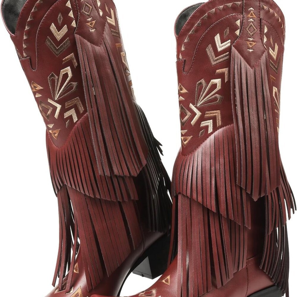 Women's Cowgirl Fringe Boots Microfiber Knee High Comfort Rubber Sole